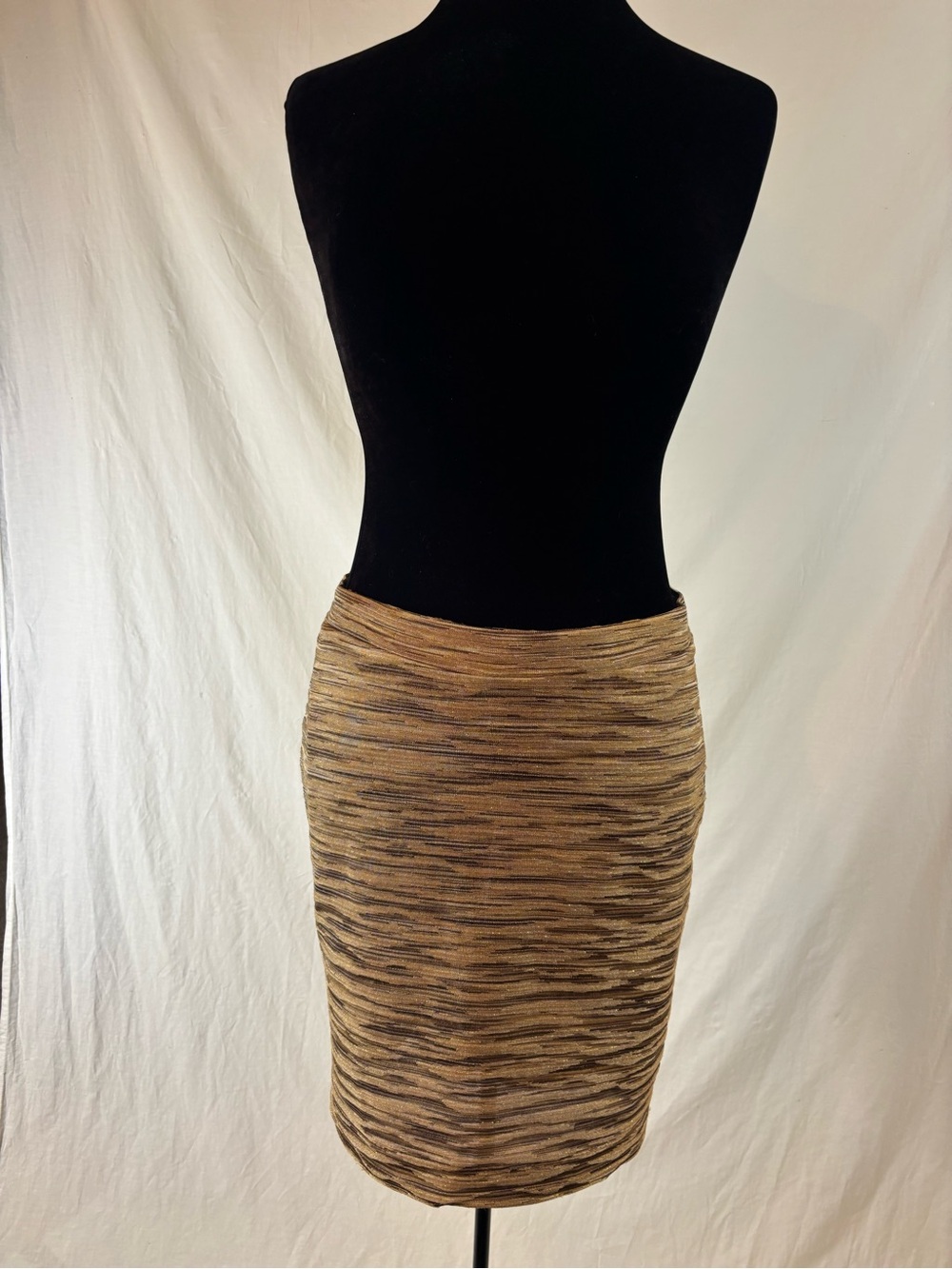 Michael Kors Metallic Knit Pencil Skirt Gold Taupe Brown Stretch Size M Shimmer